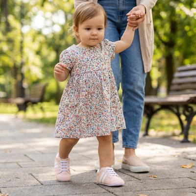 Chaussure  blanche bebe fille qui marche dehors sortie