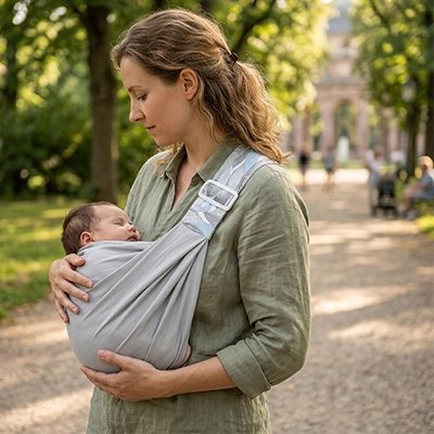 Echarpe de portage gris grise sortie avec maman et bebe